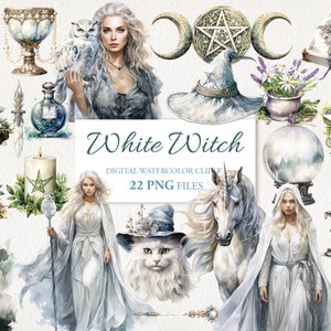 White Witch Magic Witchcraft Watercolor Clipart PNG Bundle. AI Illustration. Instant Download for Commercial Use. Scrapbook Junk Journal