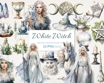 May include: Digital watercolor clipart set featuring a white witch, unicorn, owl, cat, and various magical objects, including candles, a crystal ball, a book, and a pentagram. The set includes 22 PNG files.