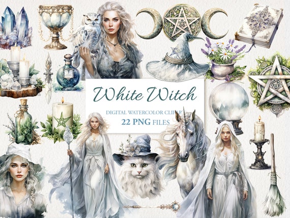 White Witch Magic Witchcraft Watercolor Clipart PNG Bundle. AI Illustration. Instant Download for Commercial Use. Scrapbook Junk Journal