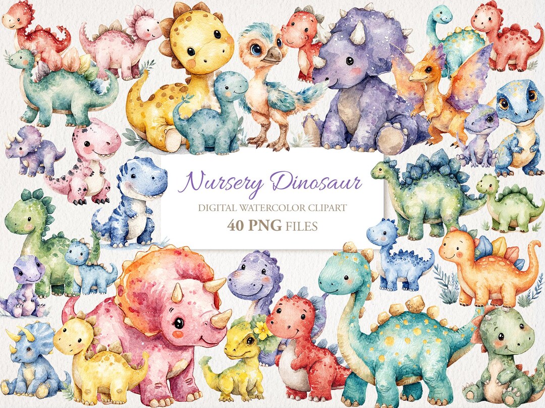 Nursery Dinosaur Cute Baby Dino Watercolor Clipart. Digital Download ...