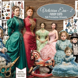 Puede incluir: Una imagen de descarga digital con recortes minuciosos de la época victoriana. La imagen incluye ilustraciones de mujeres y niños con ropa de época, junto con accesorios y un balancín. El texto dice "Victorian Era-2 Fussy Cuts 14 Printable Sheets."