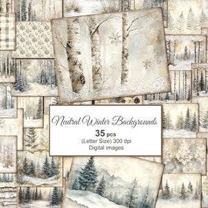 May include: A selection of 35 digital images with neutral winter backgrounds. The images depict watercolour illustrations of snowy forests, birch trees, and winter landscapes. The text on the image reads "Neutral Winter Backgrounds".