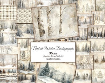 May include: A selection of 35 digital images with neutral winter backgrounds. The images depict watercolour illustrations of snowy forests, birch trees, and winter landscapes. The text on the image reads "Neutral Winter Backgrounds".