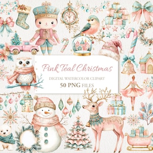 Pink Teal Girly Winter Christmas Watercolor Clipart Bundle. Ilustração de IA. Uso comercial. Cartões de diário de sucata de scrapbook. 50 PNG