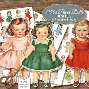 Poupées en papier des années 1950 Poupées en papier Découpes délicates, bébés petites filles, feuilles imprimables. Agenda pour cartes éphémères Junk Journal.  Téléchargement numérique. 8 JPG