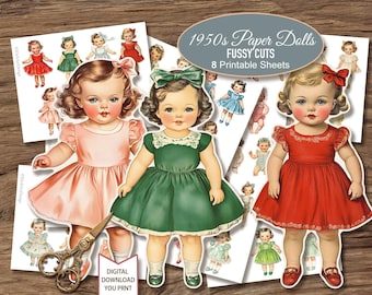 1950s Paper Dolls Paperdolls Fussy Cuts, Baby Little Girls, Printable Sheets. Junk Journal Ephemera Cards Planner.  Digital Download. 8 JPG