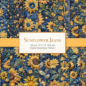 Jeans tournesol, fleurs florales en denim, pages en papier transparente motif fleurs. Utilisation commerciale. Artisanat, scrapbooking, tissu, journal indésirable. PAQUET DE 22