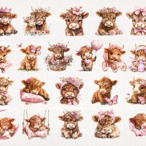 May include: A collection of 18 watercolor illustrations featuring adorable cartoon Highland cows in various poses and settings. The cows are depicted wearing flowers, bows, and other accessories, and some are holding hearts, milk bottles, or riding in a carriage. The illustrations are perfect for use in scrapbooking, card making, or other creative projects.