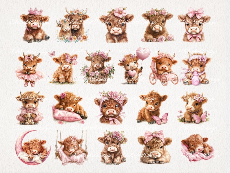 May include: A collection of 18 watercolor illustrations featuring adorable cartoon Highland cows in various poses and settings. The cows are depicted wearing flowers, bows, and other accessories, and some are holding hearts, milk bottles, or riding in a carriage. The illustrations are perfect for use in scrapbooking, card making, or other creative projects.