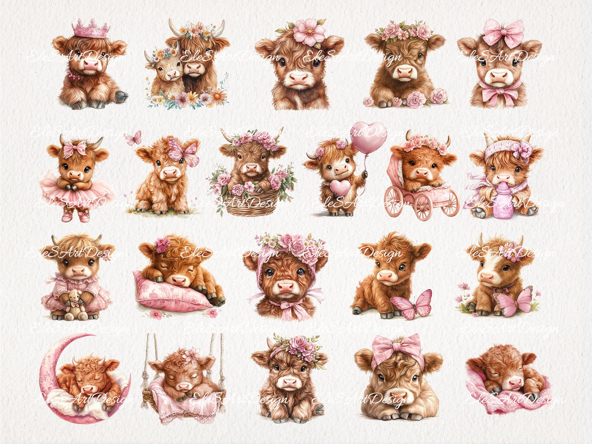 Baby Girl Highland Cow Watercolor Clipart PNG Bundle. Newborn Children ...