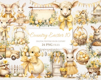 Country Farmhouse Easter Watercolor Clipart PNG Bundle. AI Illustration. Instant Download for Commercial Use. Junk Journal Card. 24 PACK