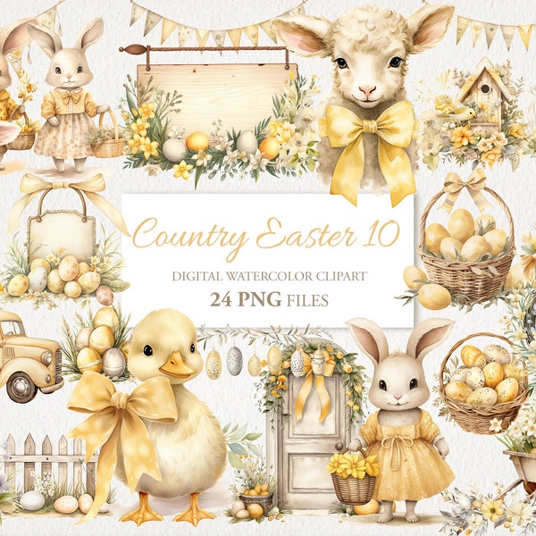 Country Farmhouse Easter Watercolor Clipart PNG Bundle. AI Illustration. Instant Download for Commercial Use. Junk Journal Card. 24 PACK