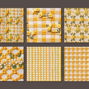 May include: Six different yellow and white fabric swatches with various patterns, including gingham, floral, and geometric designs.