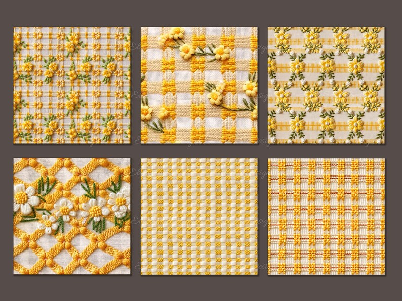May include: Six different yellow and white fabric swatches with various patterns, including gingham, floral, and geometric designs.