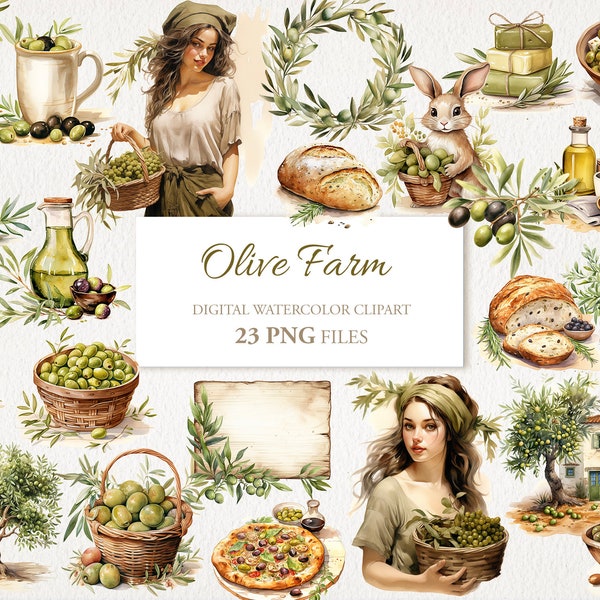 Olive Farm Summer Watercolor Clipart PNG Bundle. AI Illustration. Instant Download for Commercial Use. Junk Journal Card. 23 PACK