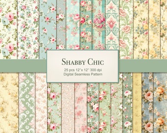 Shabby Chic Seamless Pattern Paper Pages. Vintage Fabric. Commercial Use. Crafting, Scrapbook, Junk Journal. 25 PACK