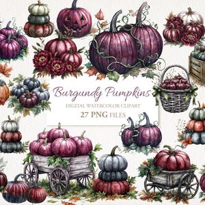 Bundle de cliparts aquarelle citrouilles de Bourgogne automne automne. Illustration de l'IA. Utilisation commerciale. Cartes de journal pour scrapbooking. 27 PNG