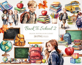 May include: Back to School 2 digital watercolor clipart with 28 PNG files. The clipart includes a school bus, children, backpacks, books, pencils, apples, globes, chalkboards, and alphabet blocks.