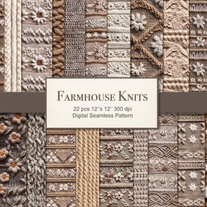 Modello senza cuciture lavorato a maglia Farmhouse. Pacchetto di carta digitale con texture a maglia accogliente. Uso commerciale. Artigianato, album, diario spazzatura. CONFEZIONE DA 22