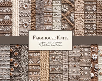 Farmhouse Knitted Seamless Pattern. Cozy Knit Texture Digital Paper Bundle. Commercial Use. Crafting, Scrapbook, Junk Journal. 22 PACK