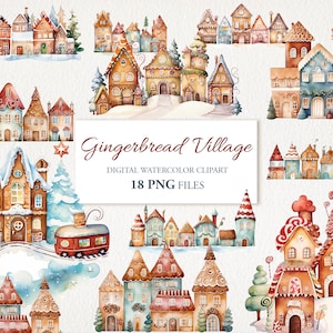 Case magiche del villaggio di pan di zenzero Natale inverno acquerello Clipart PNG Bundle AI Illustrazione. Download istantaneo per uso commerciale PACCHETTO DA 18
