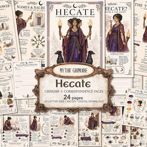 May include: A collection of 24 digital grimoire pages featuring Hecate, illustrated with a three-headed figure holding torches, black dogs, keys, and various occult symbols. The pages include text, diagrams, and charts on US letter size paper.