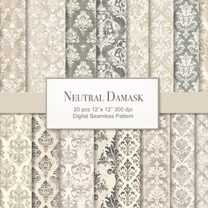 Damastpapper med neutrala beige grå sömlösa mönster. Kommersiellt bruk. Hantverk, klippbok, skräpjournal, kort. 20-pack