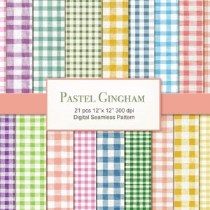May include: A digital seamless pattern featuring 21 pastel gingham designs in various colors, including pink, purple, green, yellow, and blue. Each pattern is 12" x 12" at 300 dpi. The image includes the text "Pastel Gingham".