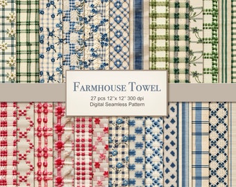 Farmhouse Towel Fabric Seamless Pattern. Texture Digital Craft Paper Bundle. Commercial Use. 27 PACK