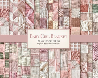 Baby Girl Blanket Knitted Seamless Pattern.  Cozy Patchwork Texture Digital Bundle. Commercial Use. Scrapbook Junk Journal Fabric. 20 PACK