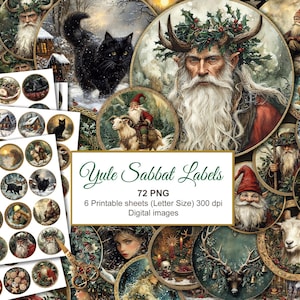 Yule Sabbat Wiccan Round Tags Labels Clipart. Wicca Magic. Winter Solstice. Fussy Cuts Printable Sheets. Digital Download. 72 PNG, 6 JPG