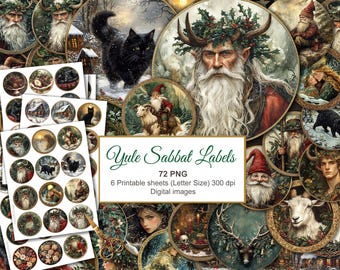 May include: Digital images of Yule Sabbat labels. The image features circular illustrations with fantasy themes, including a black cat, Santa Claus, and figures with antlers. The text "Yule Sabbat Labels" is displayed.