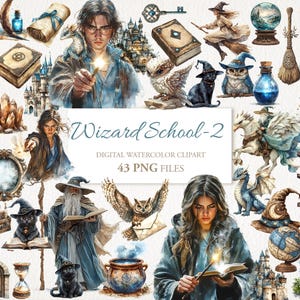 Paquete de imágenes prediseñadas de fantasía mágica de acuarela de la escuela de magos. Ilustración de IA. Uso comercial. Álbum de recortes de brujas y magos. 43 PNG