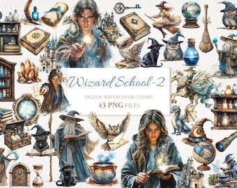 Wizard School Watercolor Magic Fantasy Clipart PNG Bundle. AI Illustration. Commercial Use. Witch Wizard Scrapbook Junk Journal. 43 PNG