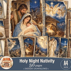 May include: A collection of 50 A4 size pages featuring Holy Night Nativity illustrations. The images depict scenes of the birth of Jesus, including Mary, Joseph, the infant, angels, and stable animals, all rendered in a detailed, painterly style.