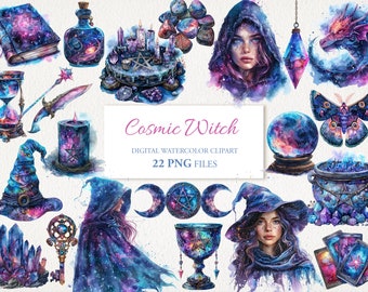 May include: A set of 22 digital watercolor clipart images featuring a cosmic witch theme. The images include a witch's hat, a cauldron, a crystal ball, a book, a key, a dagger, a candle, an hourglass, a potion bottle, a pentagram, a moon, a tarot card, a moth, a dragon, and a witch with a starry cloak.  Cosmic Witch Digital Watercolor Clipart 22 PNG Files