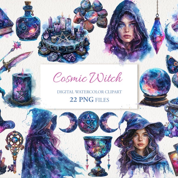 Cosmic Galaxy Witch Witchcraft Watercolor Clipart PNG Bundle. AI Illustration. Digital Download. Commercial Use. Scrapbook Junk Journal
