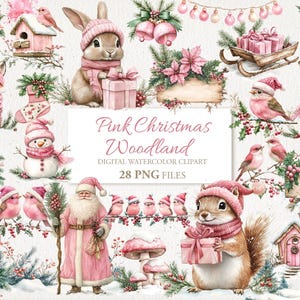 Pink Christmas Magic Winter Woodland aquarel clipartbundel. AI-illustratie. Digitale download. Commercieel gebruik. Junkjournaal. 28 png