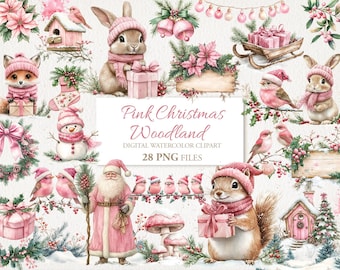 Pink Christmas Magic Winter Woodland Watercolor Clipart Bundle. AI Illustration. Digital Download. Commercial Use. Junk Journal. 28 PNG