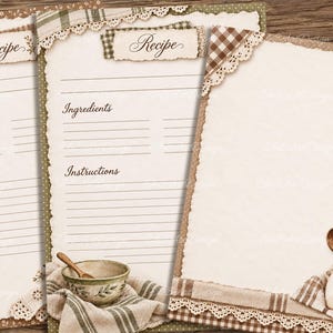 Puede incluir: Tres tarjetas de recetas de color crema con bordes de cuadros marrones y lunares verdes con adornos de encaje. Las tarjetas incluyen encabezados impresos para Receta, Ingredientes e Instrucciones, decoradas con ilustraciones de un cuenco y cucharas.