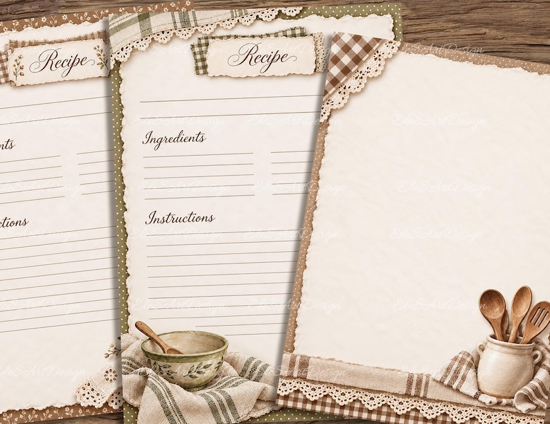 Puede incluir: Tres tarjetas de recetas de color crema con bordes de cuadros marrones y lunares verdes con adornos de encaje. Las tarjetas incluyen encabezados impresos para Receta, Ingredientes e Instrucciones, decoradas con ilustraciones de un cuenco y cucharas.