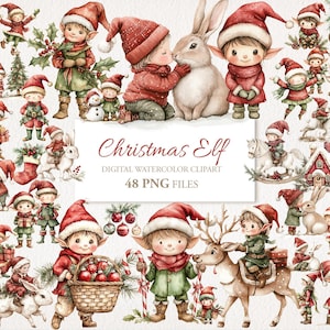 Puede incluir: Clipart de acuarela con elfos navideños con trajes rojos y verdes, con gorros de Papá Noel. La imagen incluye elfos con regalos, montando renos e interactuando con conejos. El texto dice "Christmas Elf, Digital Watercolor Clipart, 48 PNG FILES."