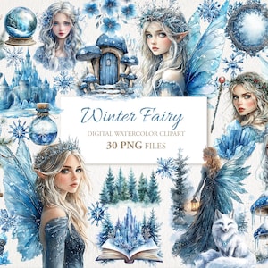 Paquete de imágenes prediseñadas de acuarela de hadas heladas de invierno, magia y fantasía, PNG. Ilustración de AI. Uso comercial. Álbum de recortes, diario basura. 30 PNG