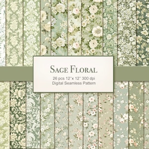 Sage Floral Seamless Pattern Craft Paper Pages. Cottagecore Shabby Vintage Fabric. Commercial Use. Crafting Scrapbook Junk Journal. 26 PACK