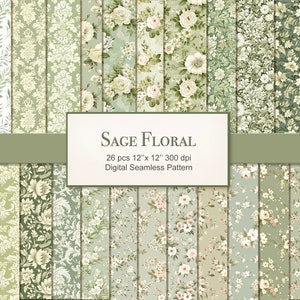 Sage Floral Seamless Pattern Craft Paper Pages. Cottagecore Shabby Vintage Fabric. Commercial Use. Crafting Scrapbook Junk Journal. 26 PACK