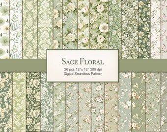 May include: A set of 26 digital seamless patterns featuring sage green and white floral designs. The patterns are 12 inches by 12 inches and 300 dpi.  Sage Floral - 26 pcs 12" x 12" 300 dpi Digital Seamless Pattern