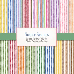 May include: A digital seamless pattern featuring vertical stripes in various colors, including purple, yellow, blue, and red. The image includes the text "SIMPLE STRIPES" and dimensions of 12" x 12".