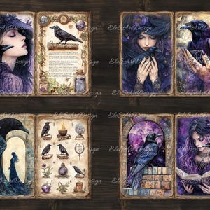 May include: A set of six digital printable images featuring a dark and whimsical theme. Each image features a woman with dark hair and a raven, with a variety of backgrounds including a book, a forest, and a moonlit sky.