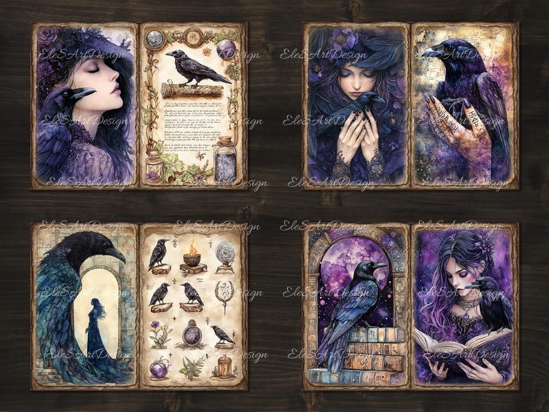 May include: A set of six digital printable images featuring a dark and whimsical theme. Each image features a woman with dark hair and a raven, with a variety of backgrounds including a book, a forest, and a moonlit sky.