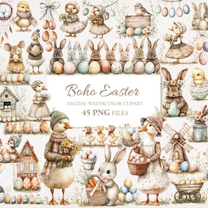 Boho Country Brown Ostern Aquarell Clipart Bundle. Häschen-Gans. KI Illustration. Kommerzielle Nutzung. Sammelalbum Junk Journal Karten. 45 PNG